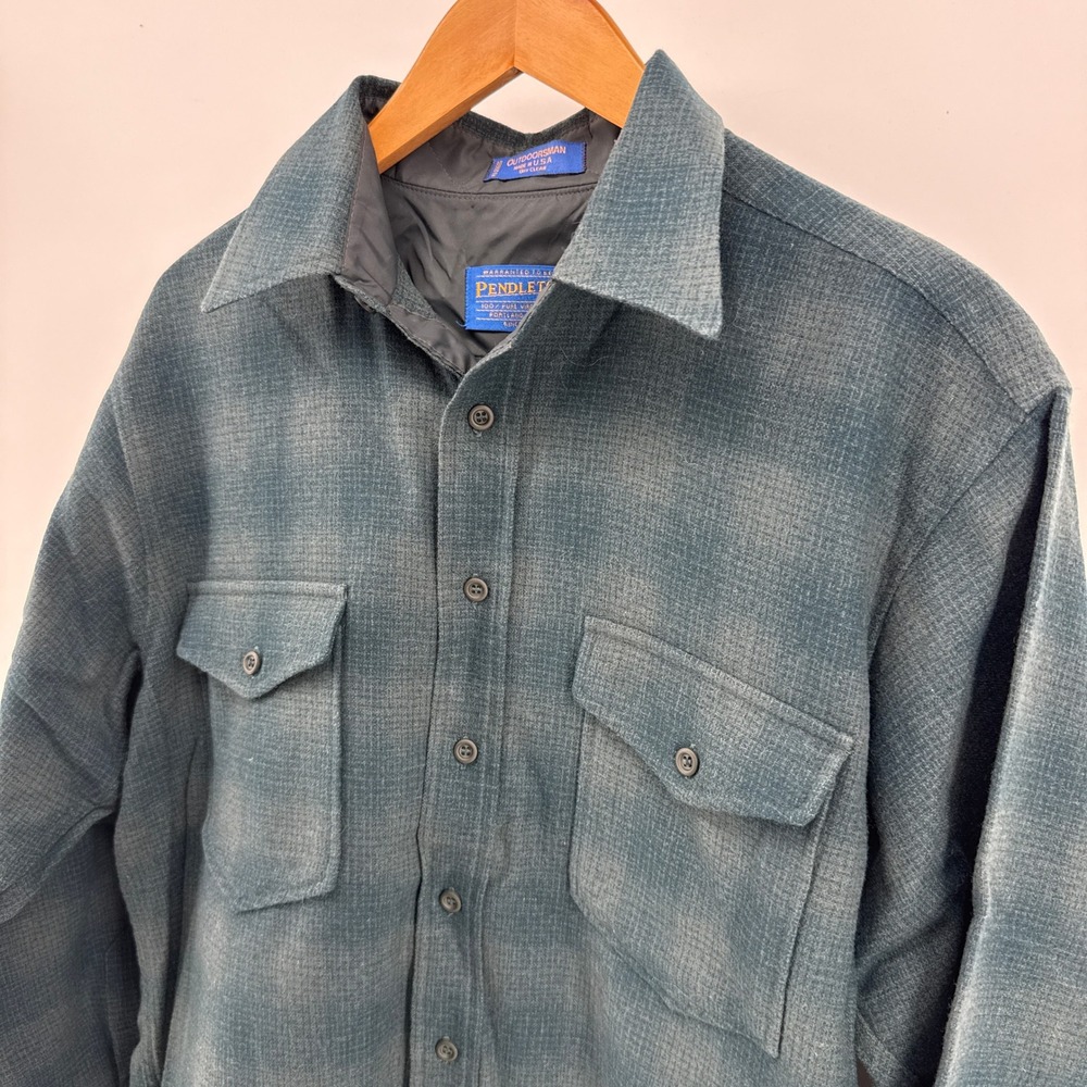 Pendleton Outdoorsman Wool Shirt Jacket Teal Shadow Plaid Mens Large Made in USA